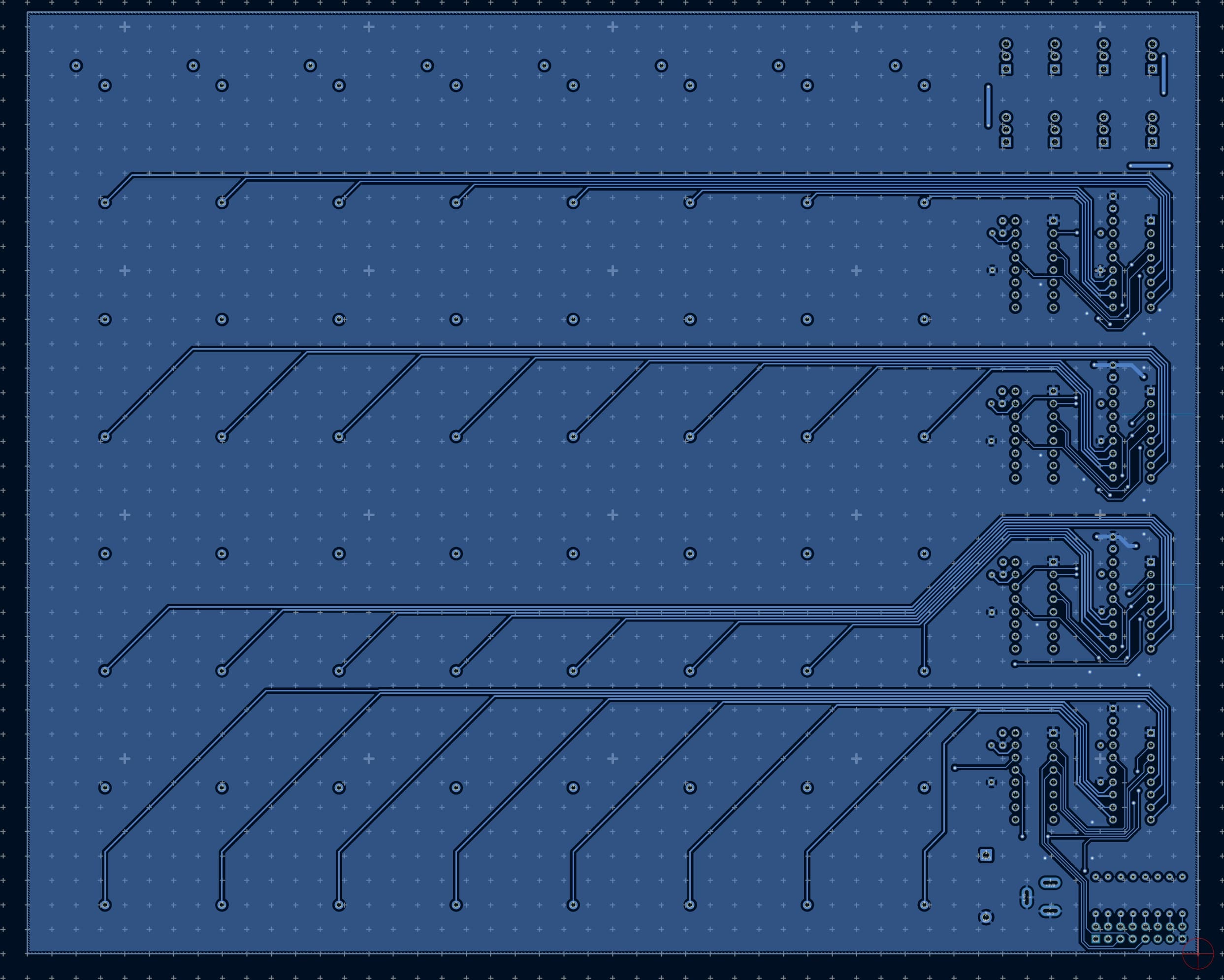 KiCad render of the PCB's back copper layer, showing bundles of traces routing each LED column back to the driver ICs