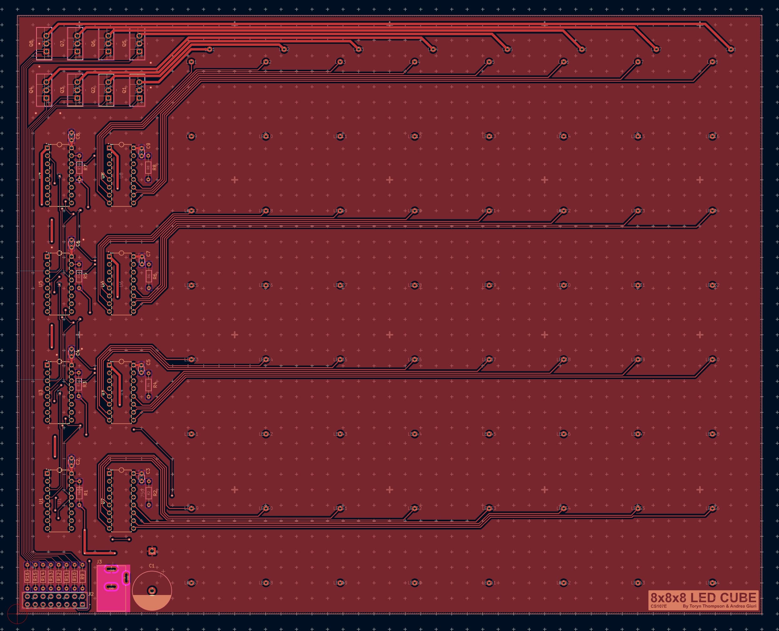 KiCad render of the PCB's front copper layer, with an 8x8 grid of LED column pads, footprints for the driver ICs along the left edge, and transistors in the top-left corner
