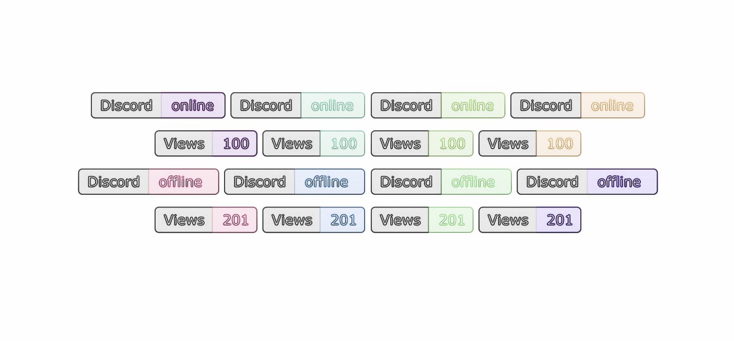 Rows of Discord status and view count badges in different colors