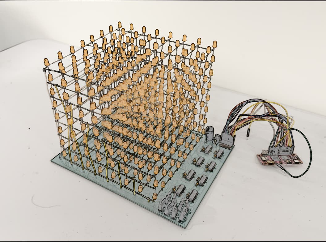 The LED cube, composed of a green PCB and orange LEDs