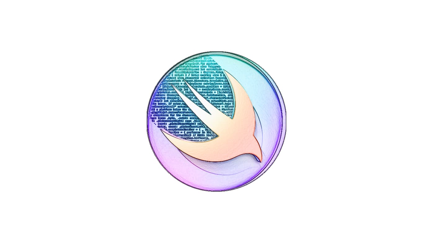Swift logo over a colorful circular gradient filled with code
